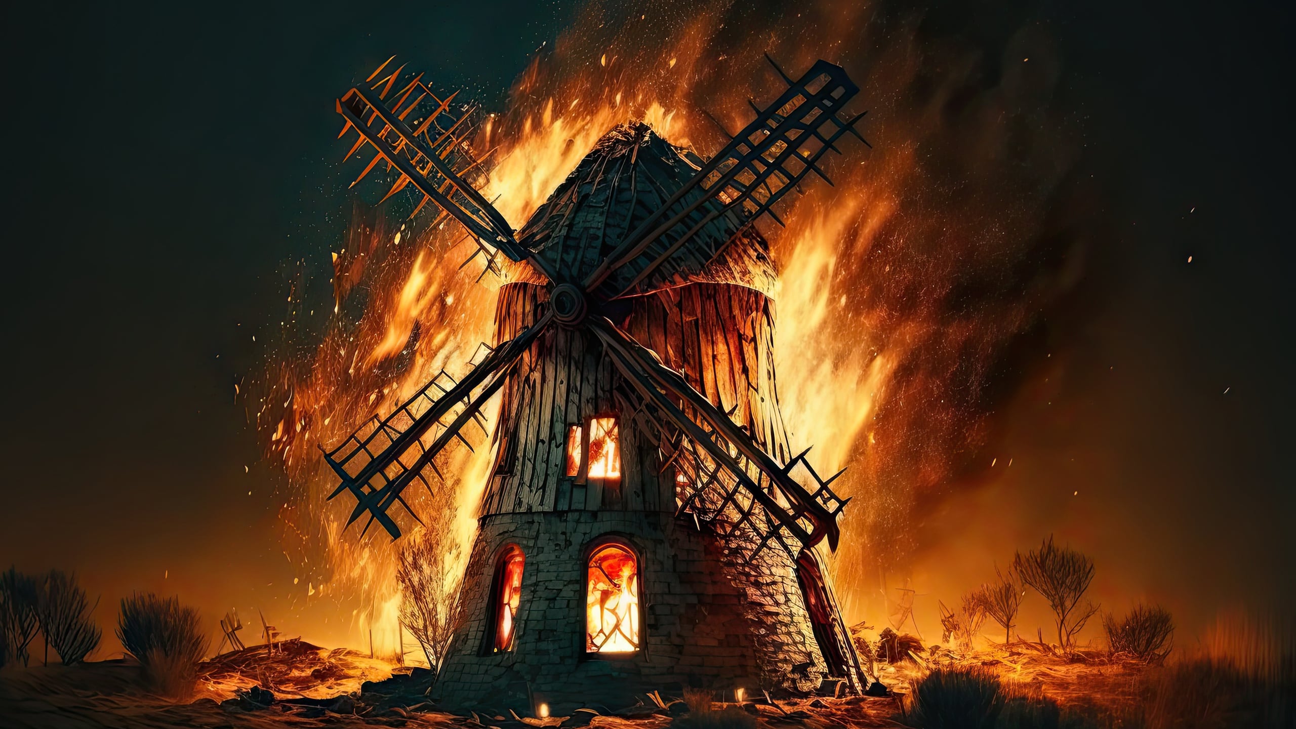 Burning old windmill on fire at night ©freepik.com - stickerside